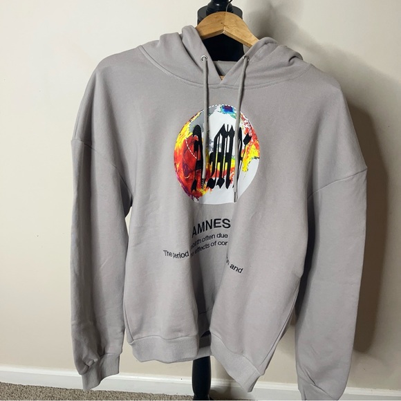 AMN Men’s Beige Amnesia Embroidered Graphic Drawstring Pullover Hoodie Sz M - Picture 7 of 7